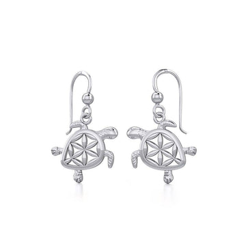 Swimming Turtle with Flower of Life Shell Silver Earrings TER1786 - Jewelry